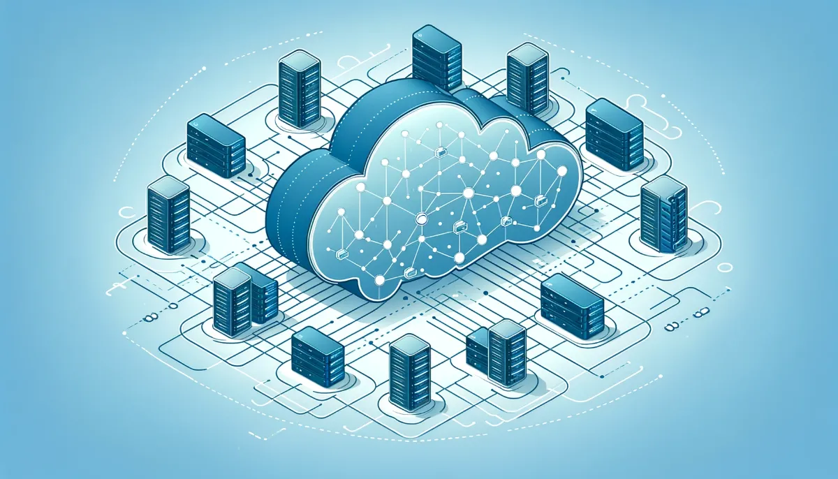 Ilustrasi konsep cloud hosting dengan server virtual terhubung melalui jaringan cloud, menggambarkan skalabilitas dan fleksibilitas.