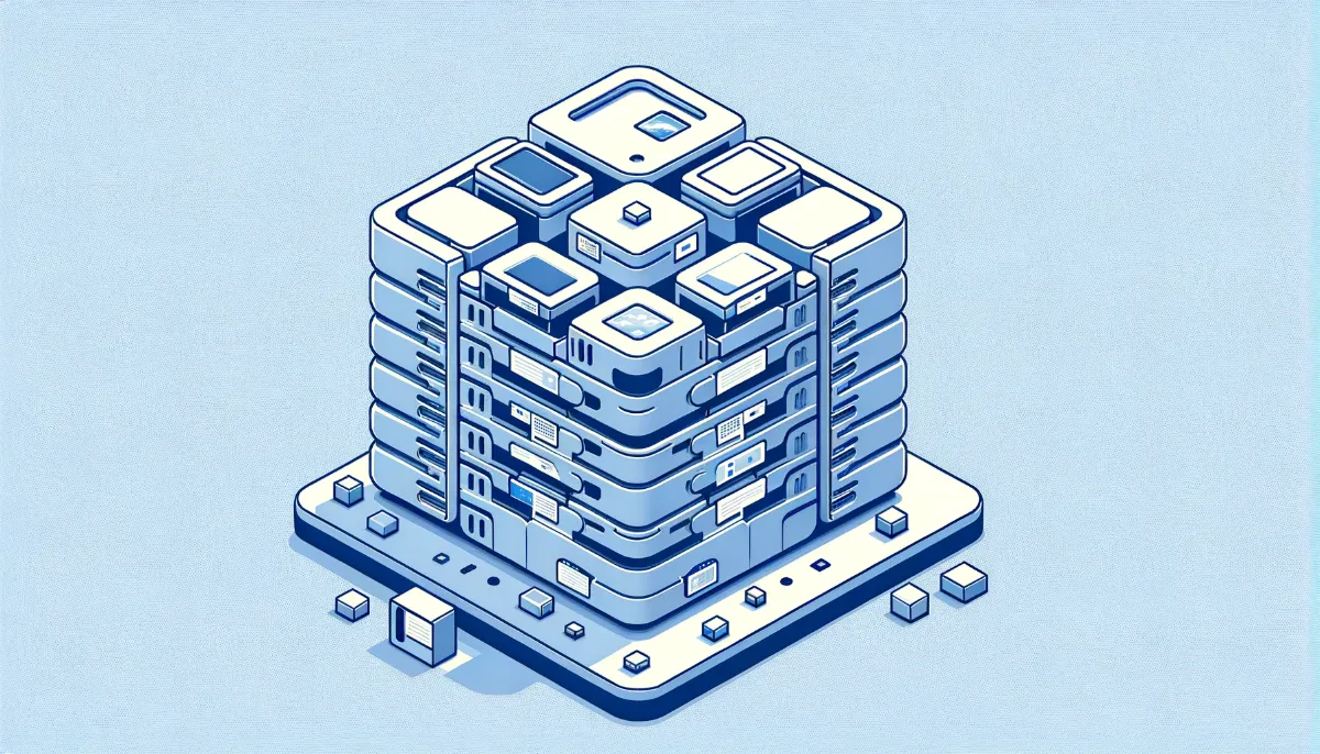 Ilustrasi server fisik shared hosting yang dipartisi menjadi beberapa ruang hosting virtual, menggambarkan konsep berbagi sumber daya.