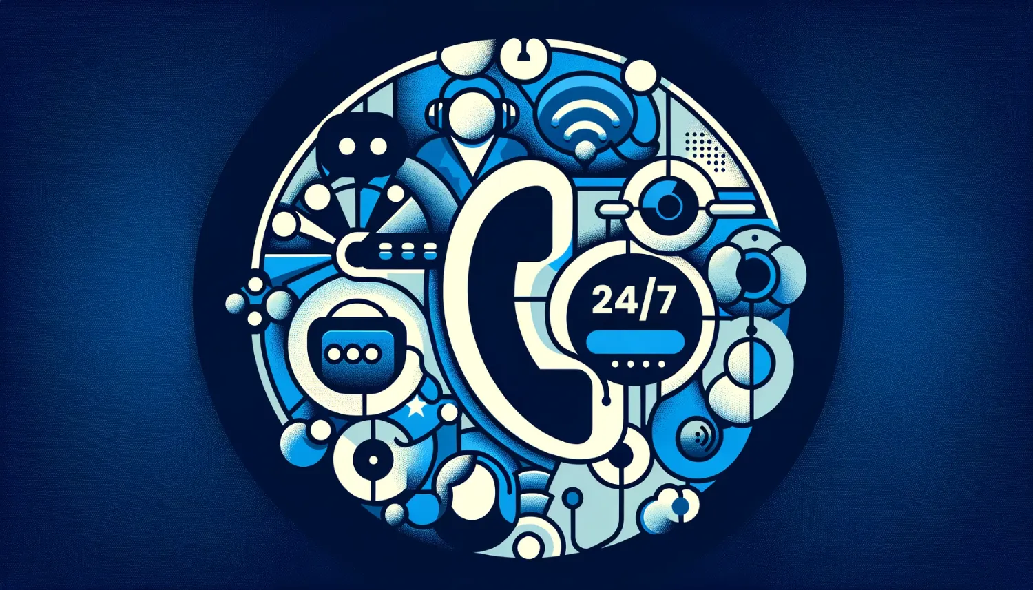 Ilustrasi layanan customer support 24/7 di hosting, desain minimalis, warna biru dominan, simbol dukungan pelanggan.