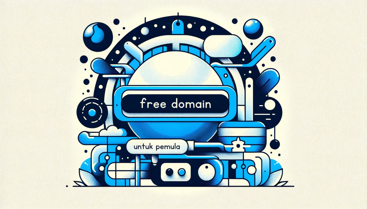 Ilustrasi penawaran domain gratis dalam paket hosting, desain minimalis, warna biru dominan, ideal untuk pemula.