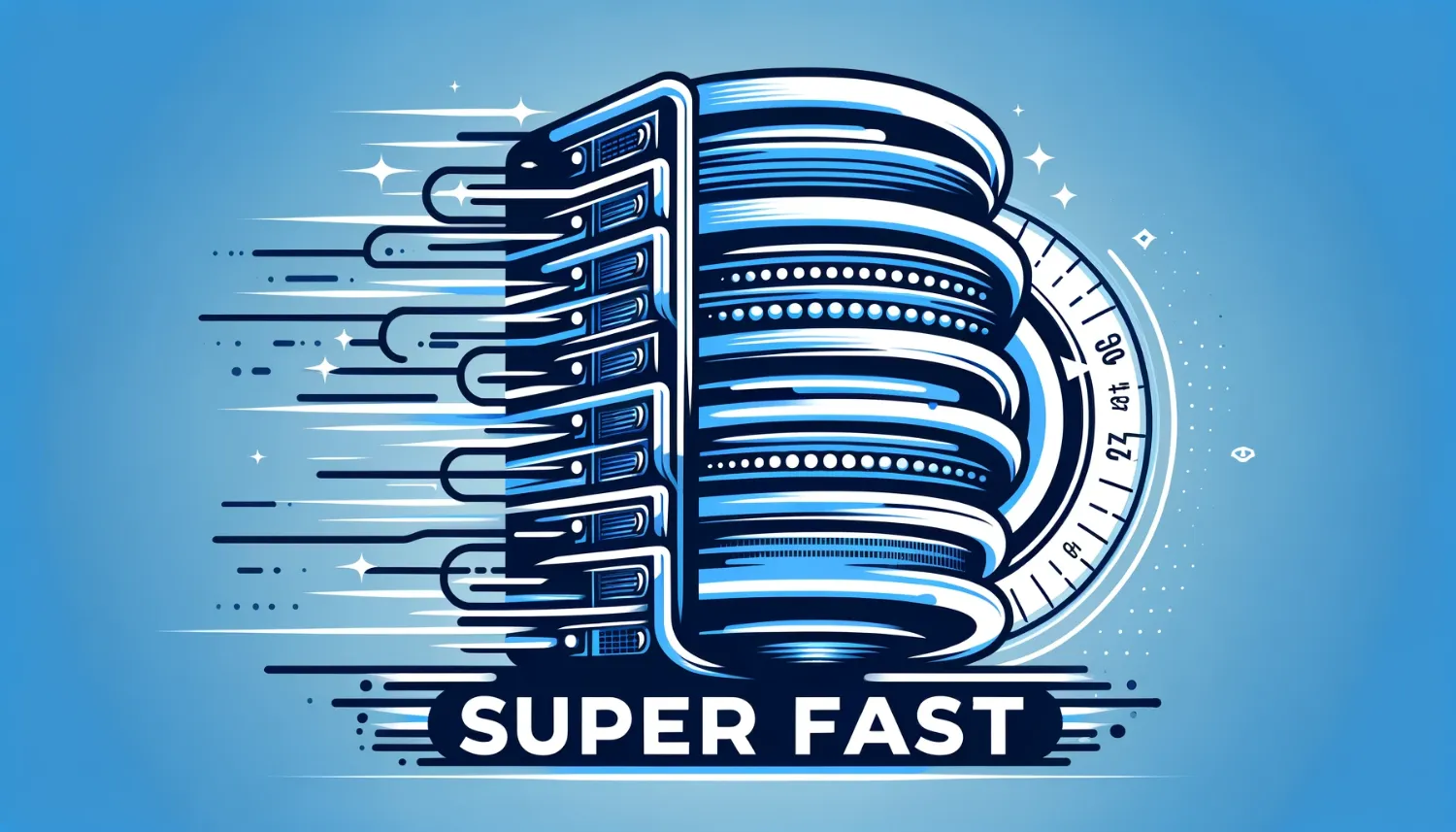 Ilustrasi kecepatan loading laman web yang super cepat, dengan server dan simbol kecepatan.