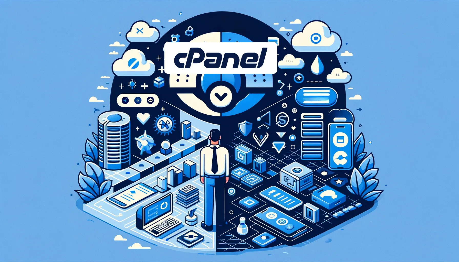 Ilustrasi digital cPanel yang menggambarkan interface kontrol web intuitif untuk manajemen hosting dan domain.