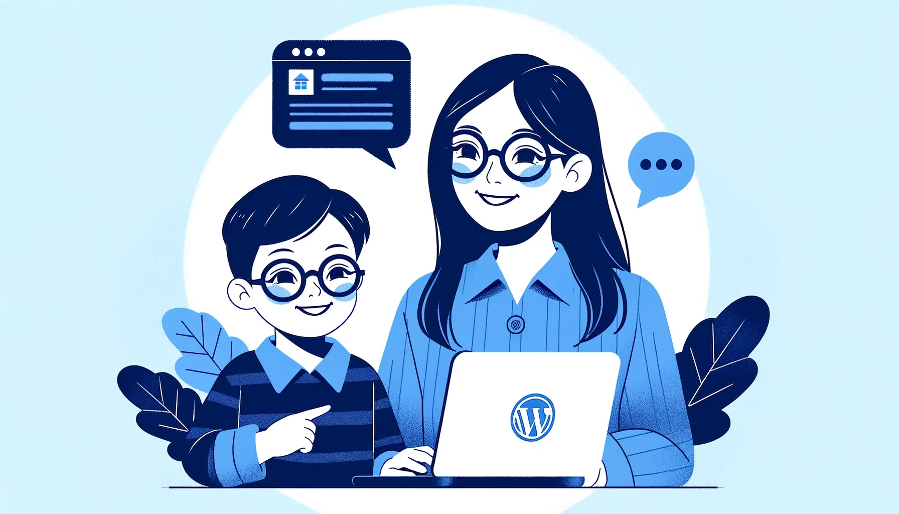 Ilustrasi seorang ibu sedang membantu anaknya memilih WordPress hosting yang melibatkan evaluasi kebutuhan bisnis, budget, dan fitur penting.