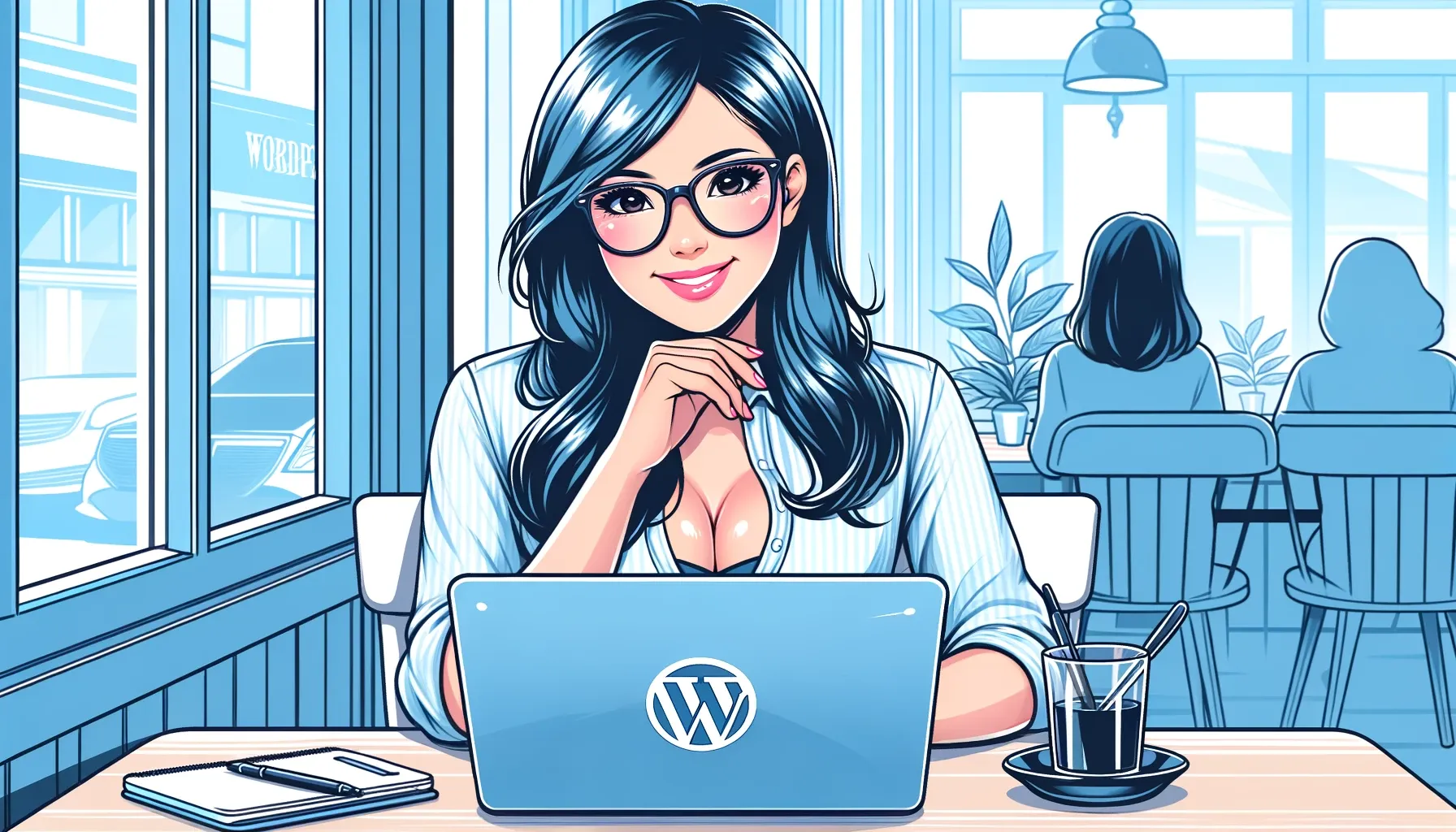 Seorang wanita Asia sedang browsing tentang wordpress hosting terbaik untuk websitenya, dia berada di cafe.