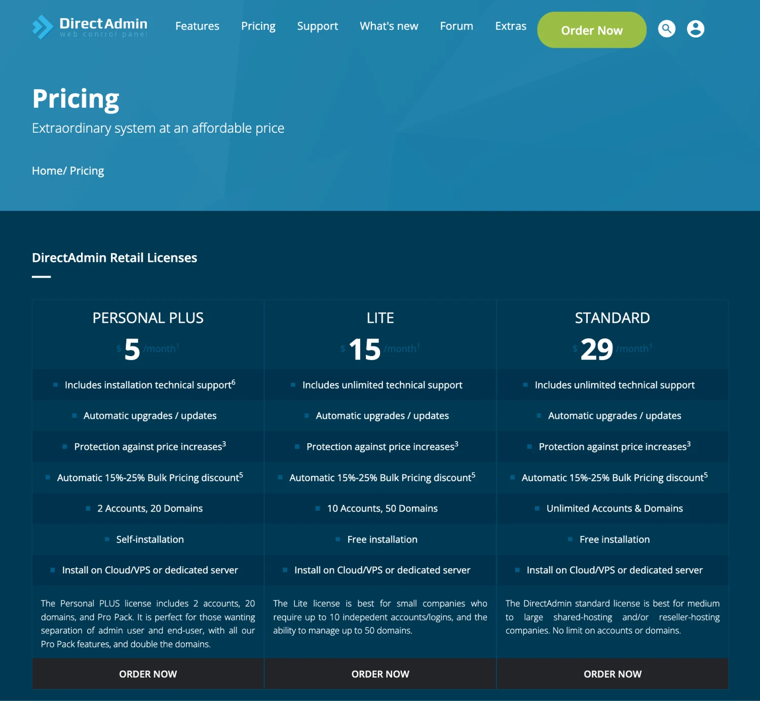Daftar harga DirectAdmin untuk berbagai skema lisensi hosting.