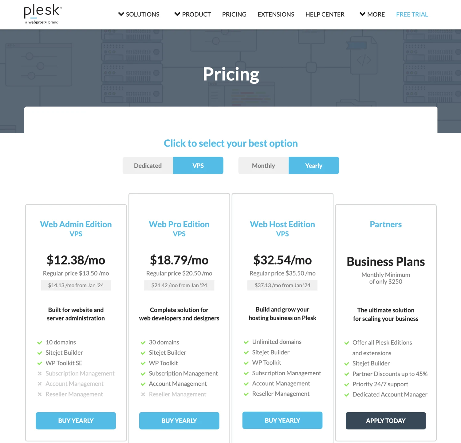 Opsi harga Plesk untuk berbagai edisi control panel hosting.