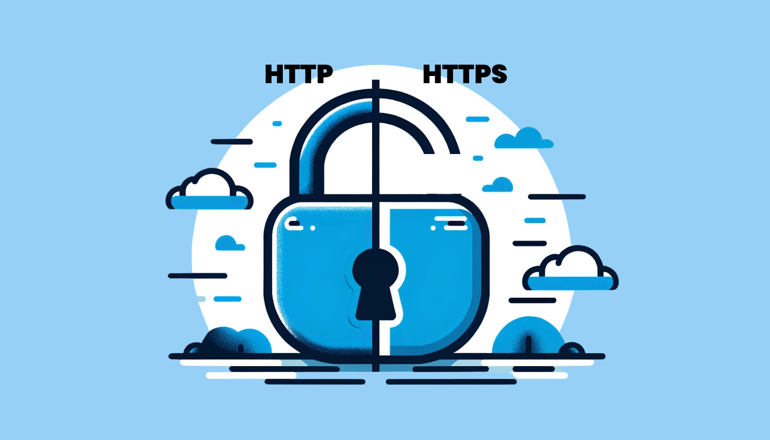 Ilustrasi perbedaan HTTP dan HTTPS dengan gembok terbuka dan tertutup.